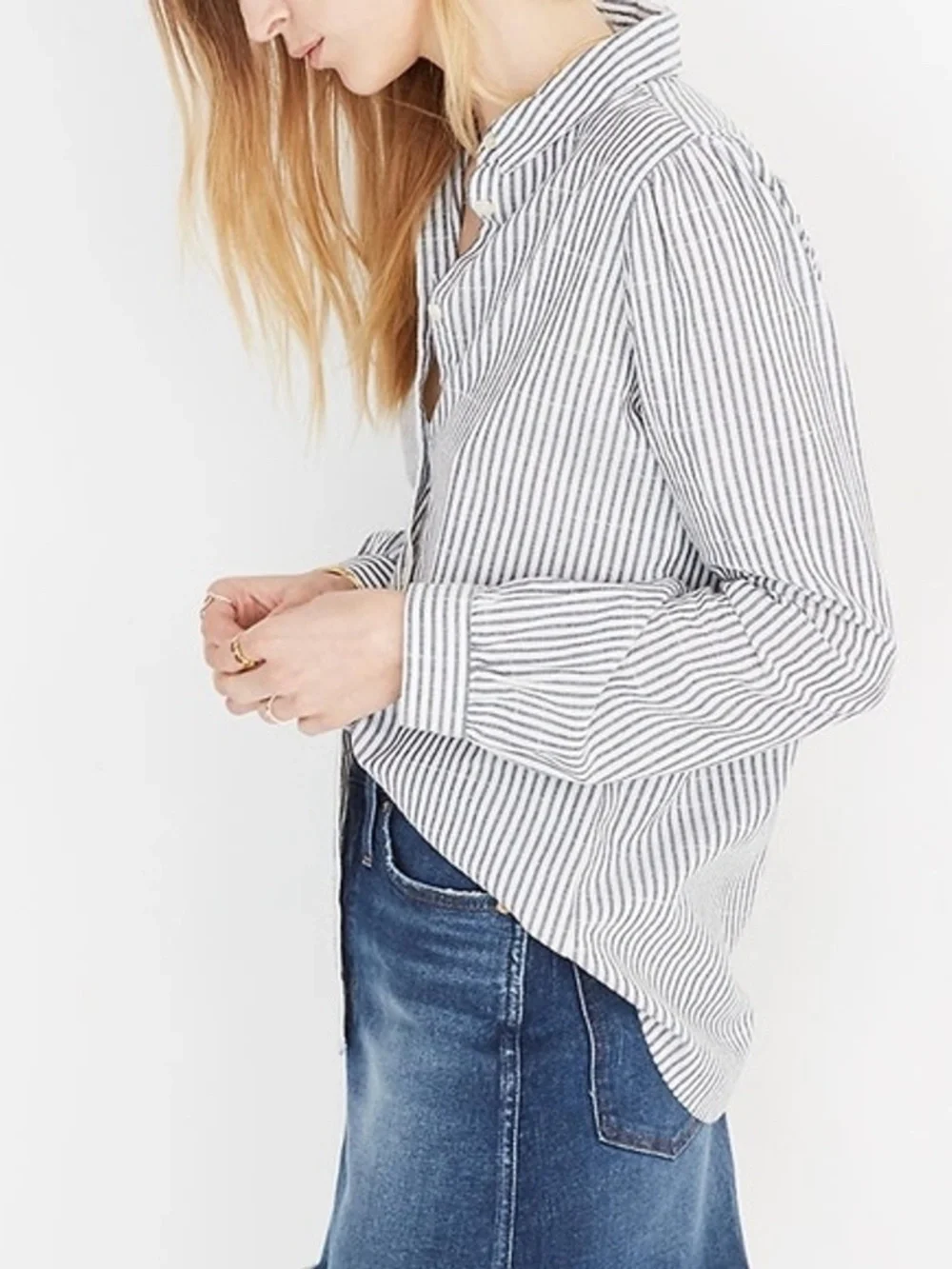 Madewell Puff Sleeve Button Down Shirt White Navy Stripe XS Top